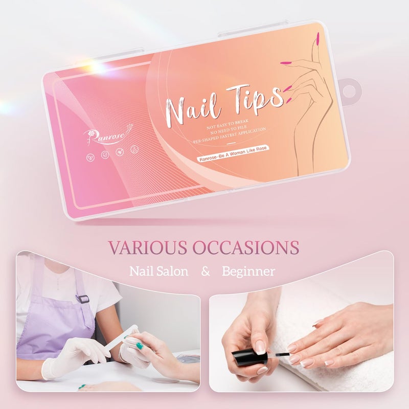 ranrose Long Almond Nail Tips with Handle, 240PCS Half Cover Acrylic Fake Nails, 12 Sizes No C Curve Gel Nail Extension Tips for Professionals DIY Beginners - Image 2